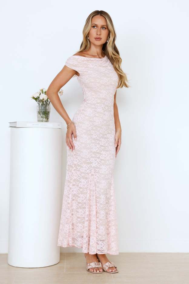 Lush Feels Lace Off Shoulder Maxi Dress Pink