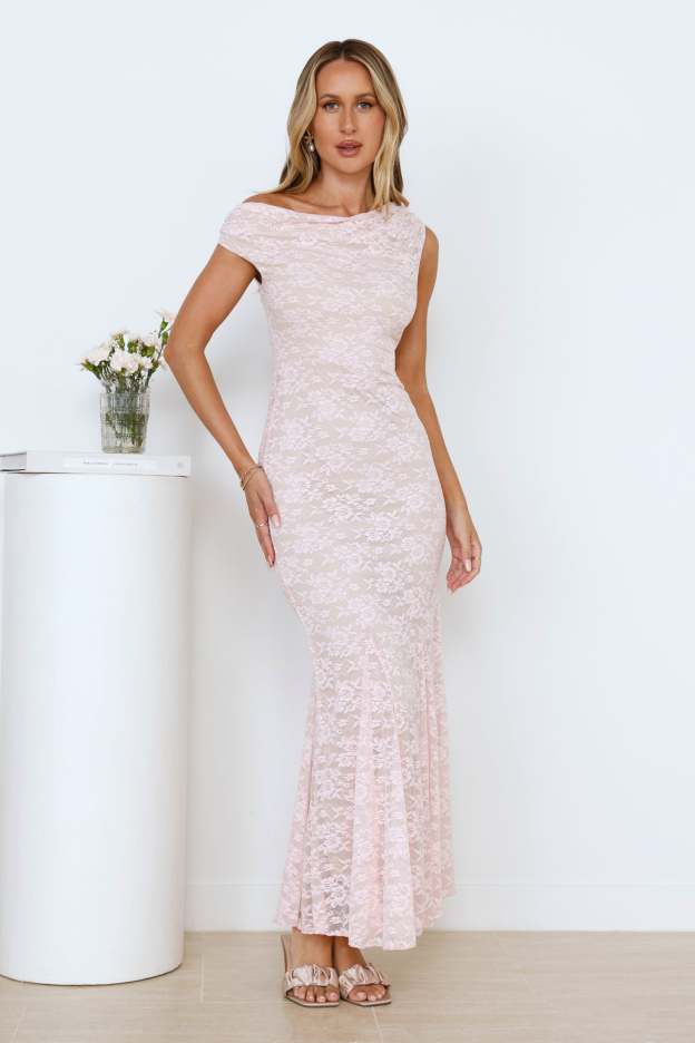 Lush Feels Lace Off Shoulder Maxi Dress Pink