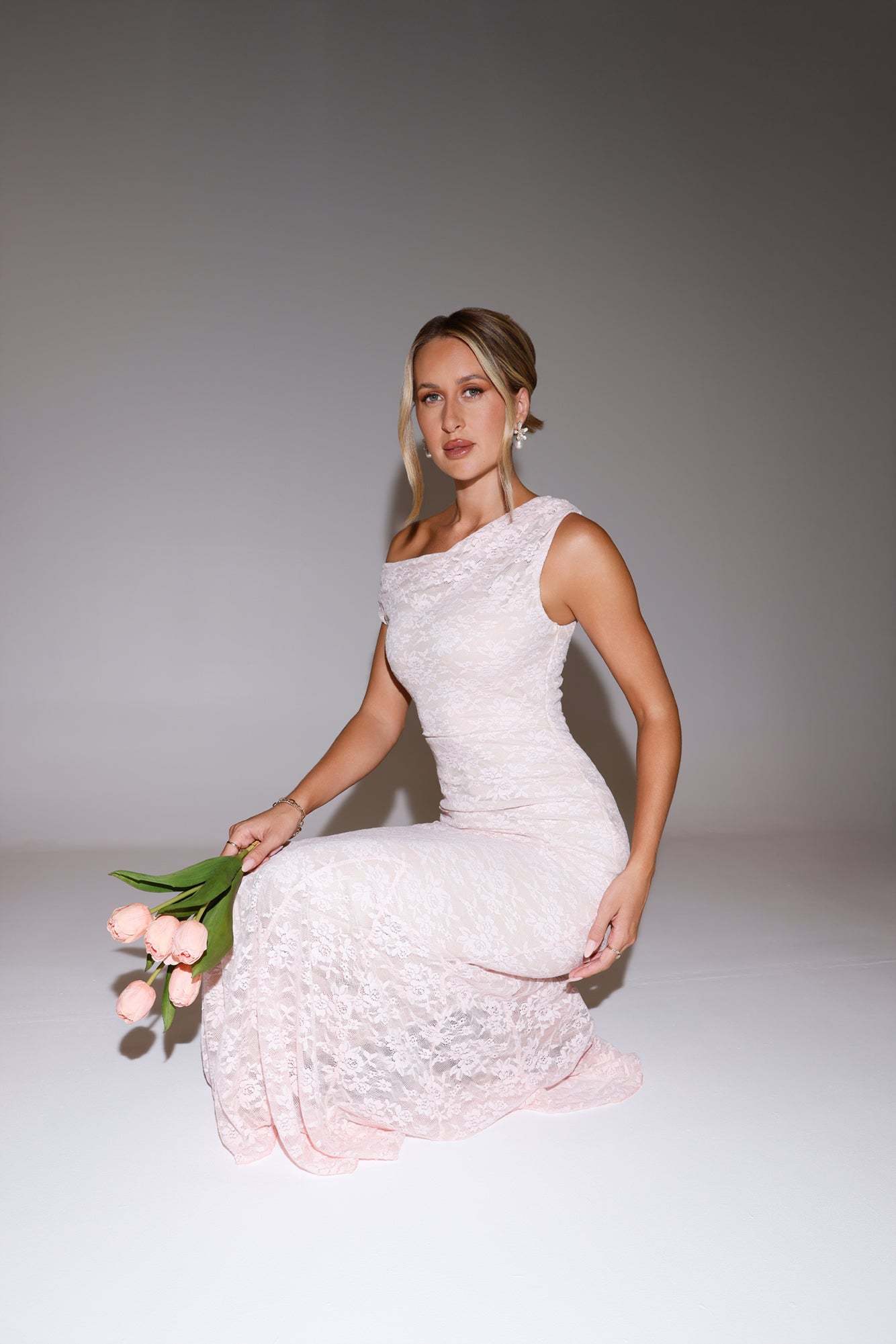 Lush Feels Lace Off Shoulder Maxi Dress Pink