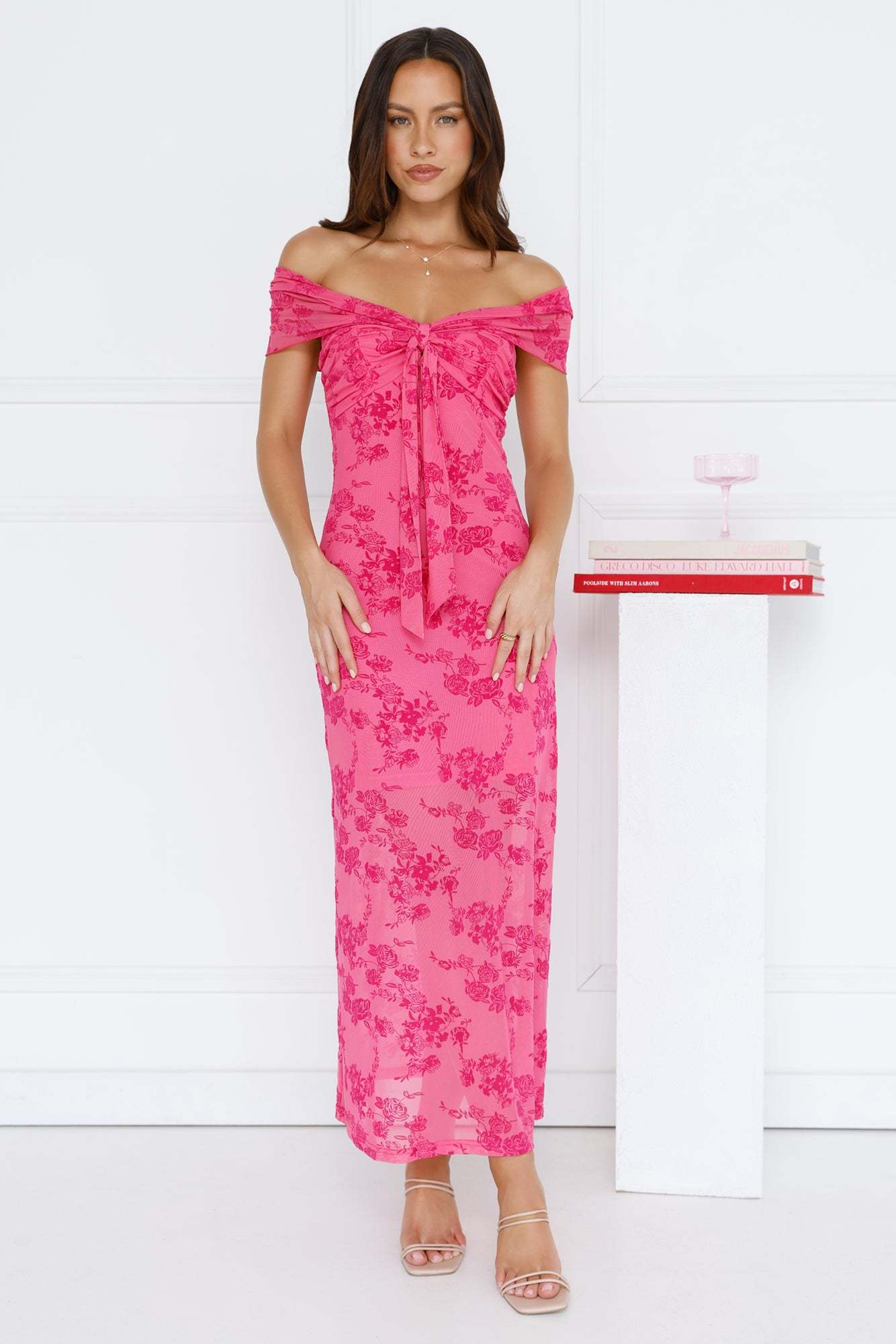 Girly Luxe Off Shoulder Mesh Maxi Dress Hot Pink