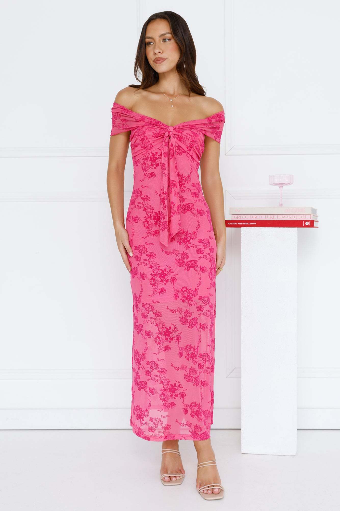 Girly Luxe Off Shoulder Mesh Maxi Dress Hot Pink