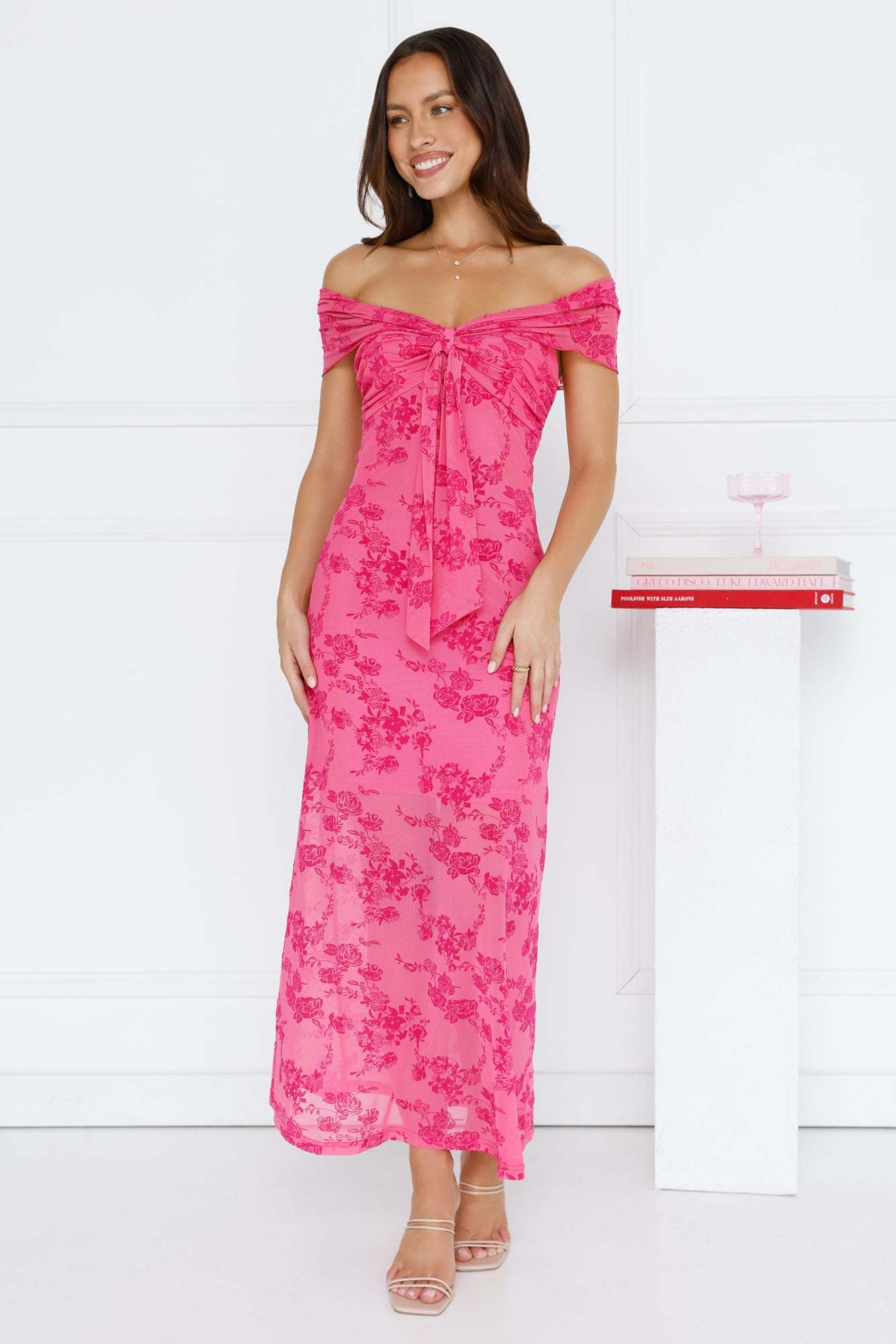 Girly Luxe Off Shoulder Mesh Maxi Dress Hot Pink