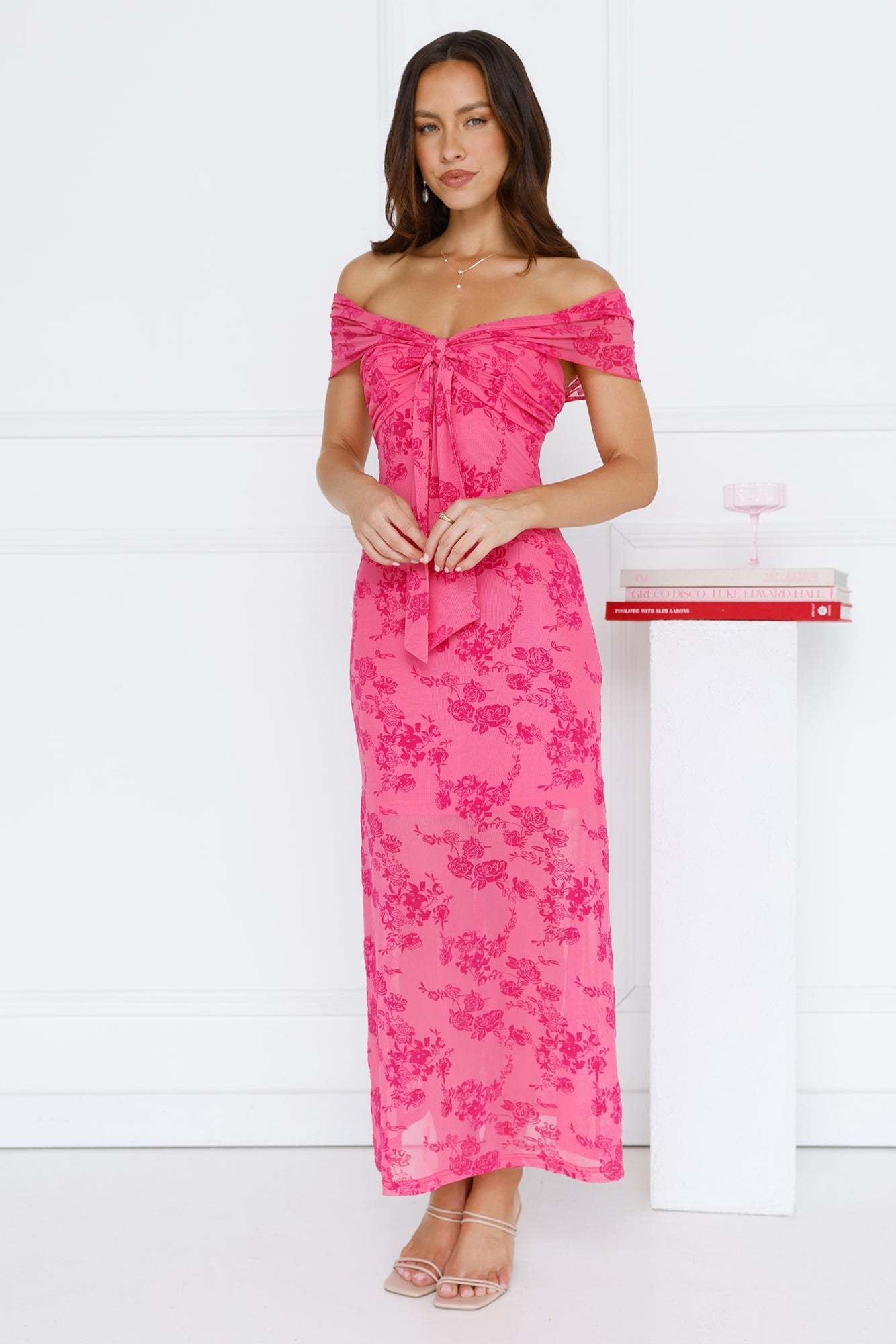 Girly Luxe Off Shoulder Mesh Maxi Dress Hot Pink