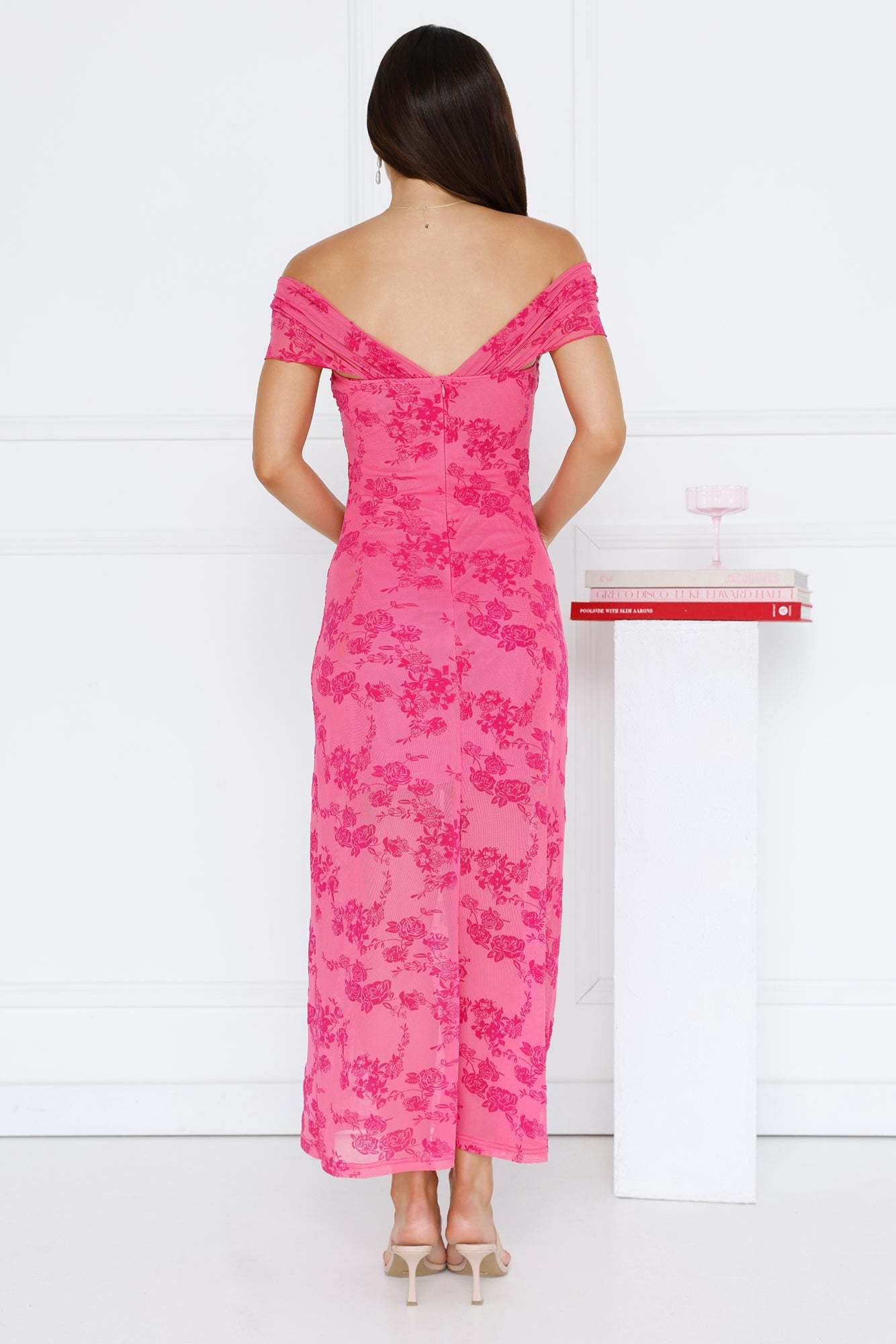 Girly Luxe Off Shoulder Mesh Maxi Dress Hot Pink