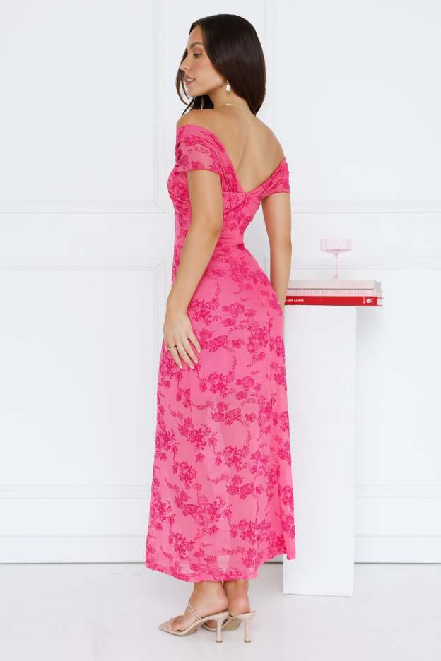 Girly Luxe Off Shoulder Mesh Maxi Dress Hot Pink