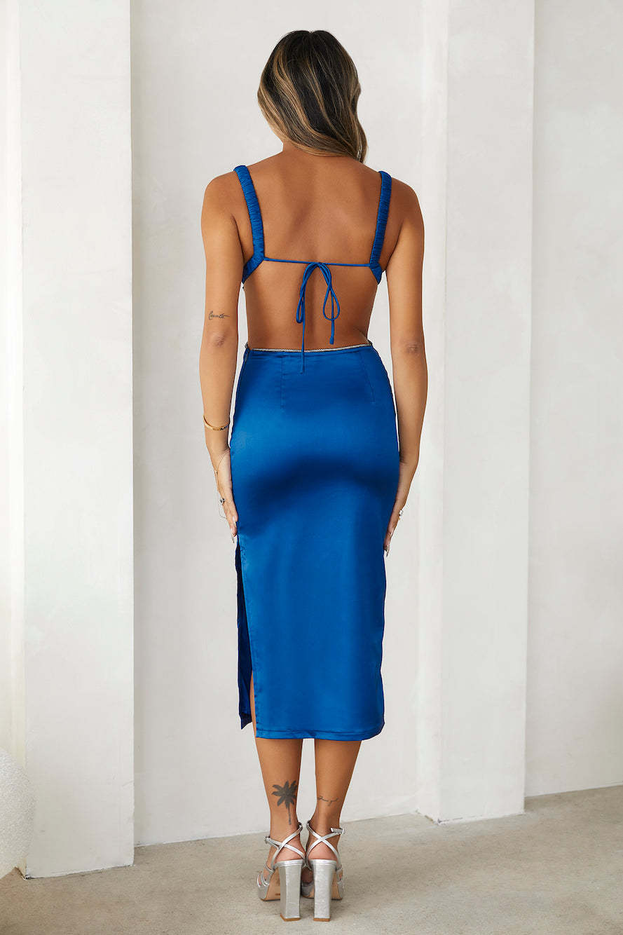 Bet U Wanna Satin Midi Dress Blue
