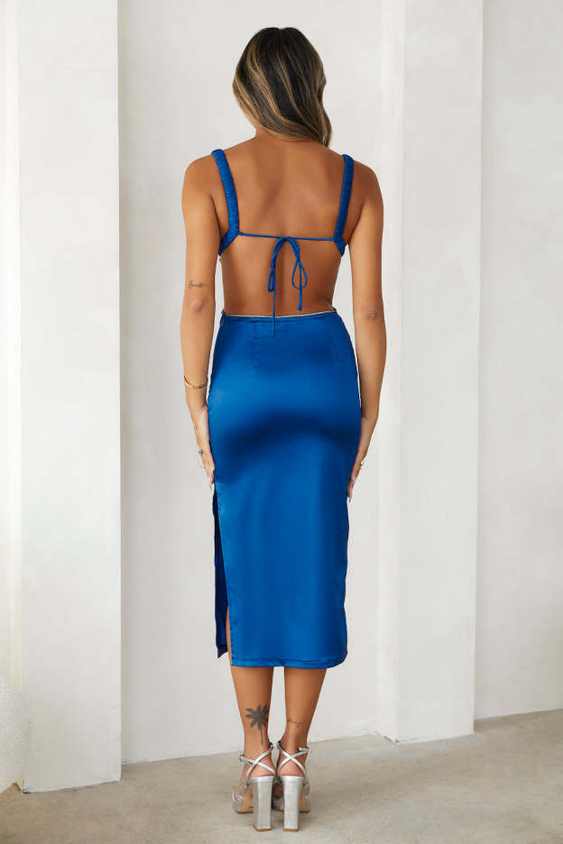 Bet U Wanna Satin Midi Dress Blue