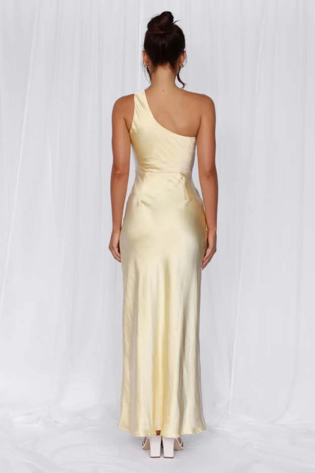 HELLO MOLLY The Aurora One Shoulder Satin Maxi Dress Yellow