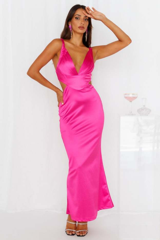 Sunset Views Satin Midi Dress Hot Pink