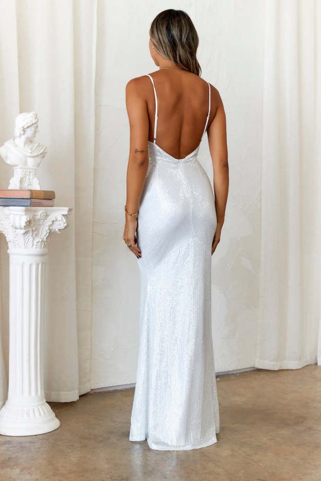 DEAR EMILIA Sparkle In Her Eyes Sequin Maxi Dress Silver