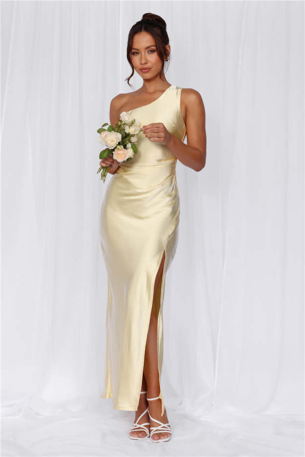 HELLO MOLLY The Aurora One Shoulder Satin Maxi Dress Yellow