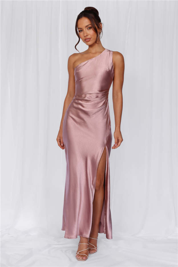 HELLO MOLLY The Aurora One Shoulder Satin Maxi Dress Dusty Pink
