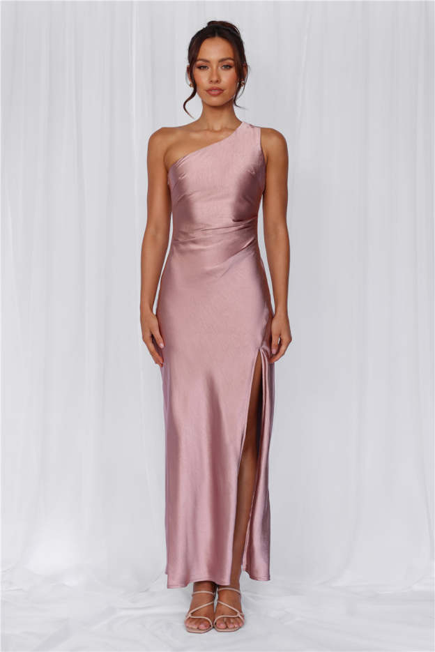 HELLO MOLLY The Aurora One Shoulder Satin Maxi Dress Dusty Pink