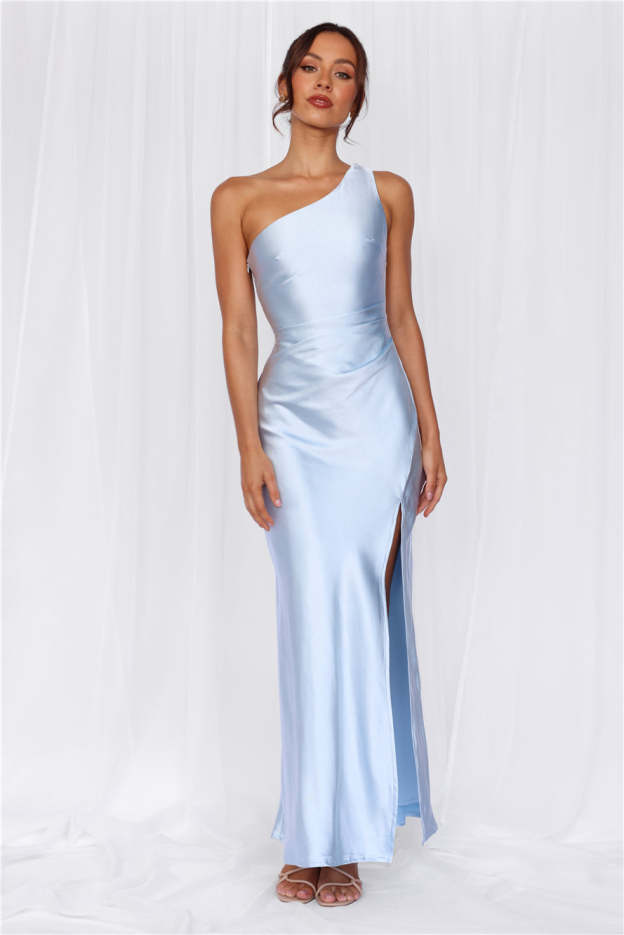 HELLO MOLLY The Aurora One Shoulder Satin Maxi Dress Blue