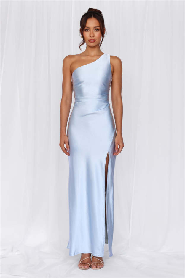 HELLO MOLLY The Aurora One Shoulder Satin Maxi Dress Blue