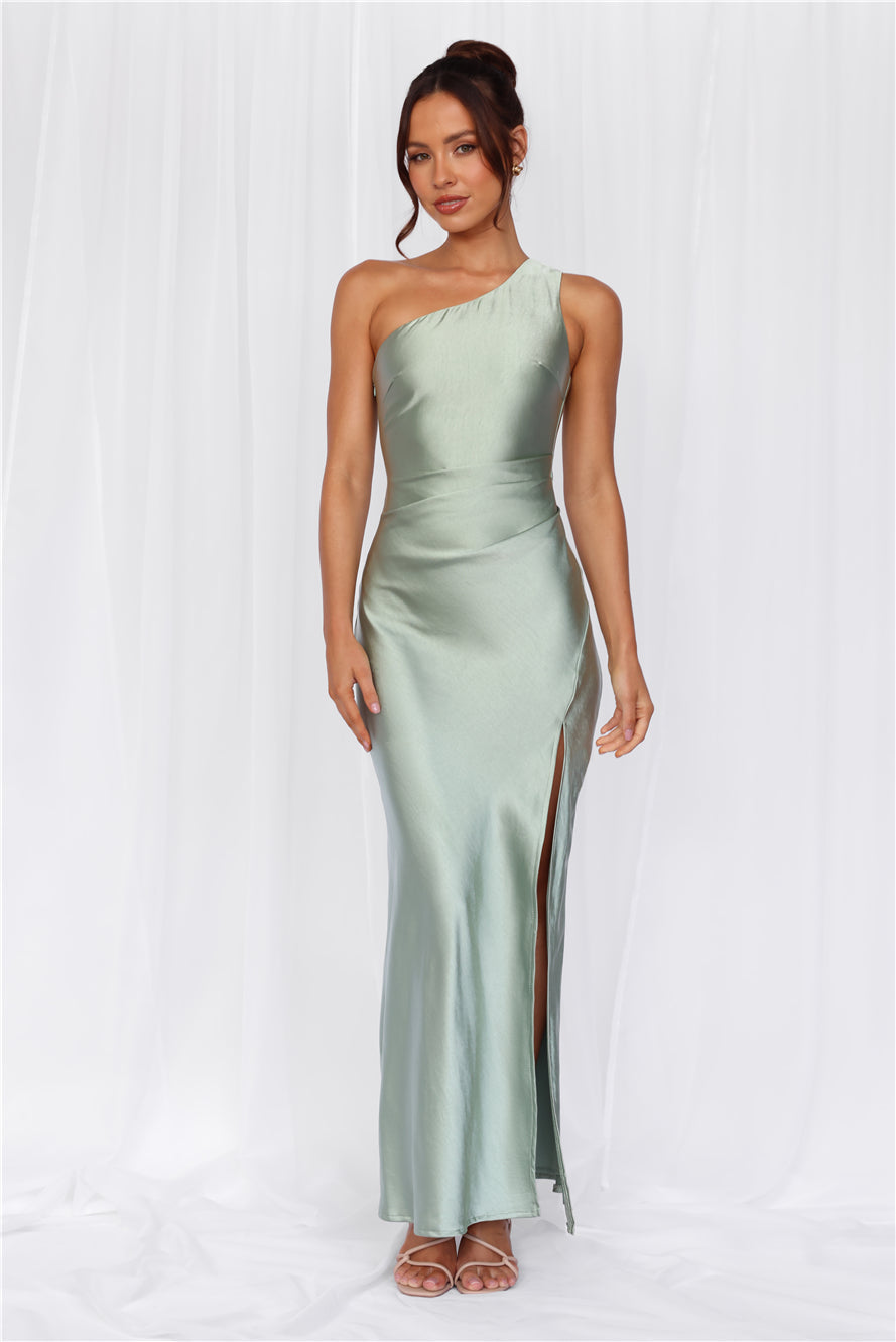 HELLO MOLLY The Aurora One Shoulder Satin Maxi Dress Sage