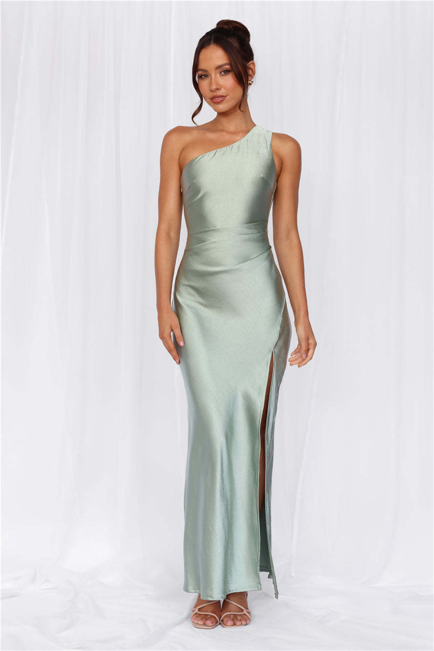 HELLO MOLLY The Aurora One Shoulder Satin Maxi Dress Sage