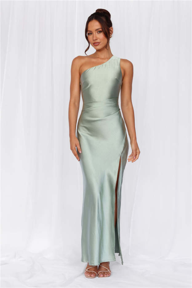 HELLO MOLLY The Aurora One Shoulder Satin Maxi Dress Sage