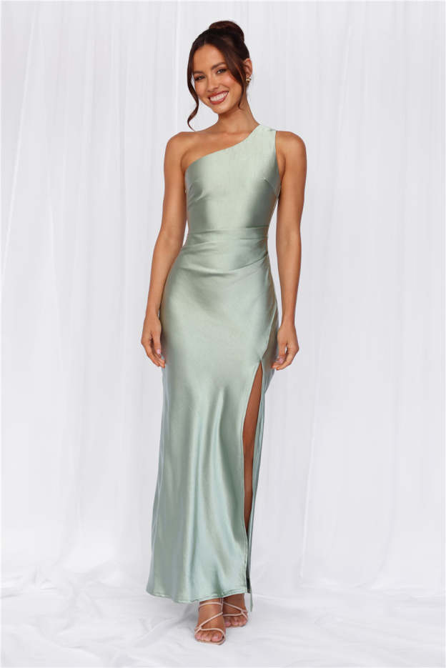 HELLO MOLLY The Aurora One Shoulder Satin Maxi Dress Sage