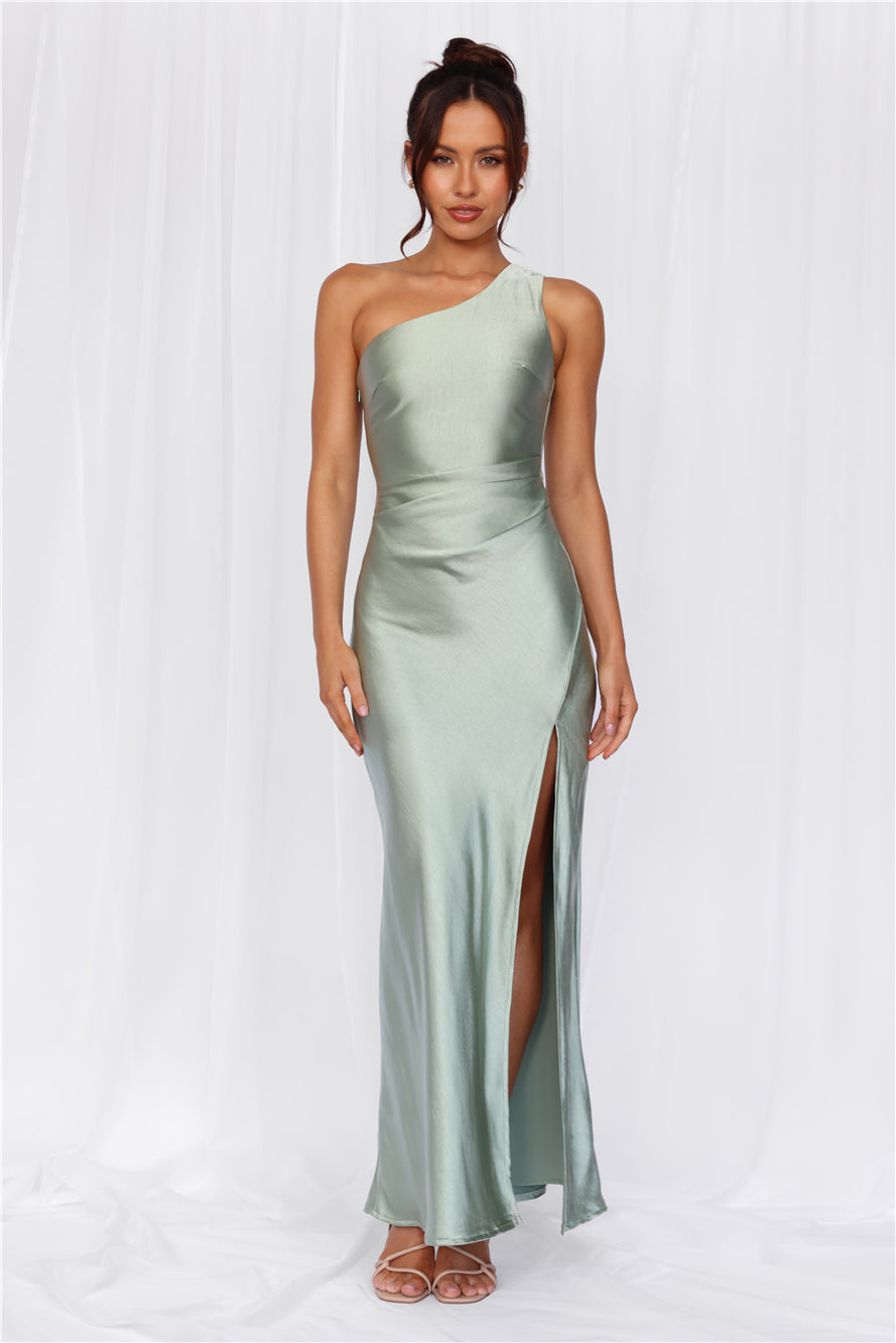 HELLO MOLLY The Aurora One Shoulder Satin Maxi Dress Sage