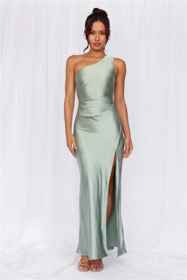 HELLO MOLLY The Aurora One Shoulder Satin Maxi Dress Sage