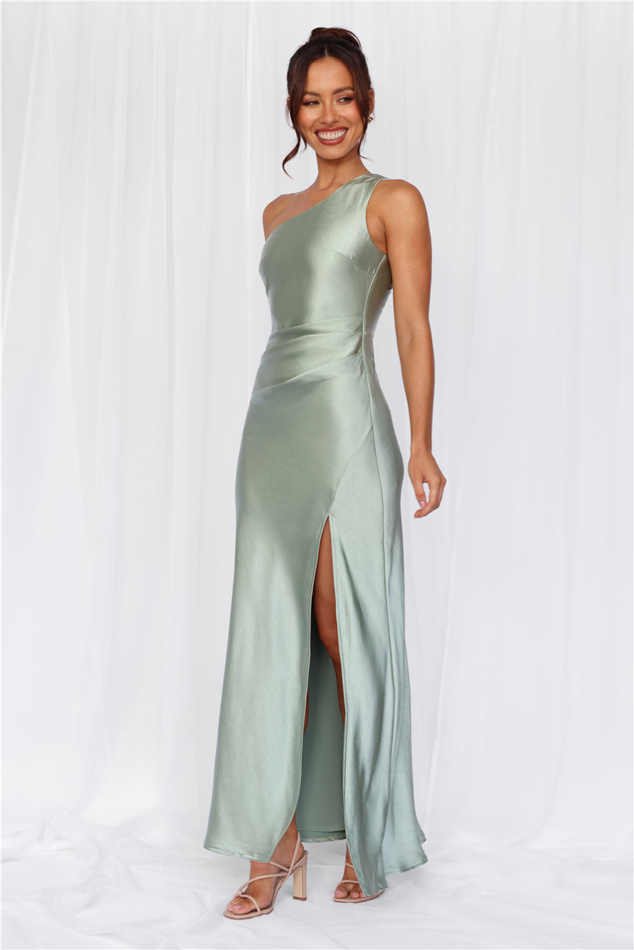 HELLO MOLLY The Aurora One Shoulder Satin Maxi Dress Sage