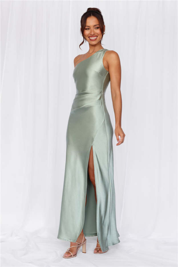 HELLO MOLLY The Aurora One Shoulder Satin Maxi Dress Sage