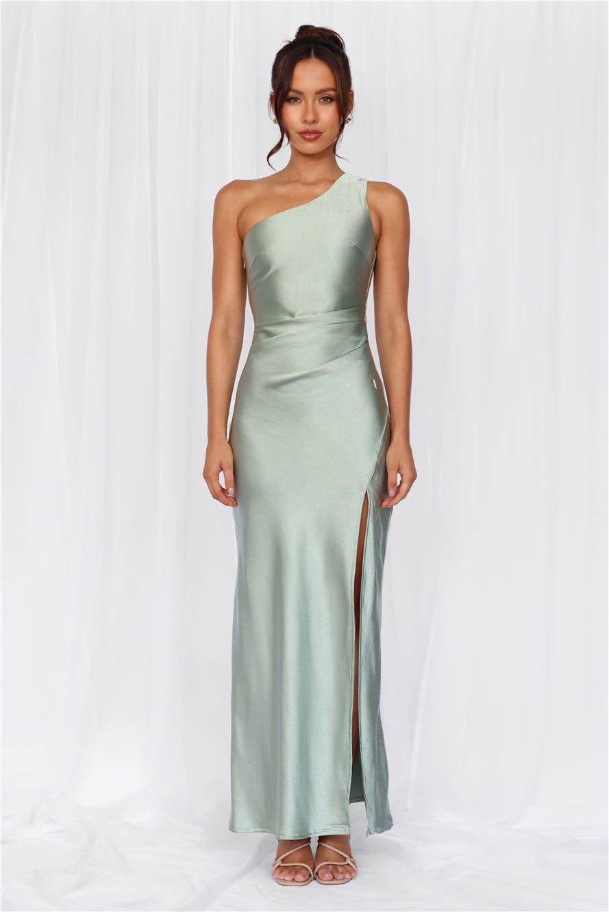 HELLO MOLLY The Aurora One Shoulder Satin Maxi Dress Sage