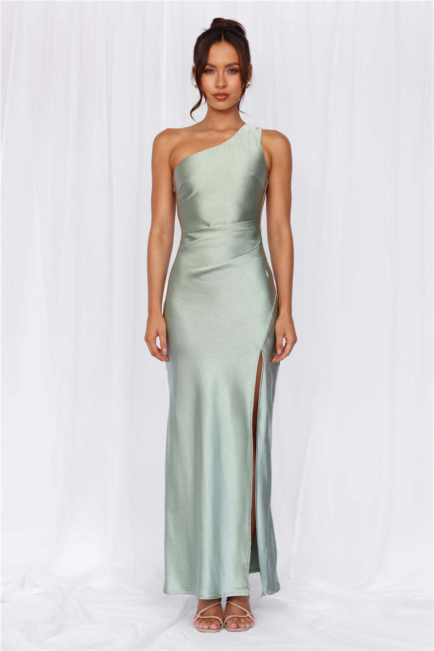 HELLO MOLLY The Aurora One Shoulder Satin Maxi Dress Sage