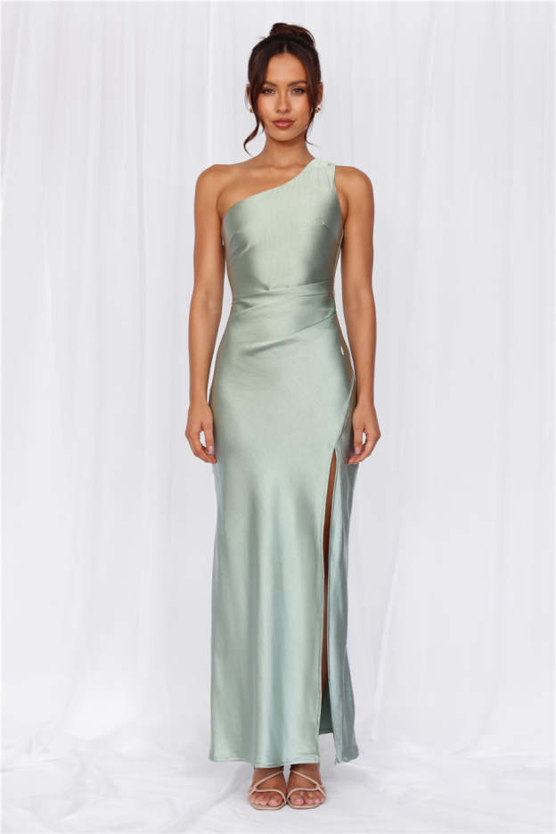 HELLO MOLLY The Aurora One Shoulder Satin Maxi Dress Sage