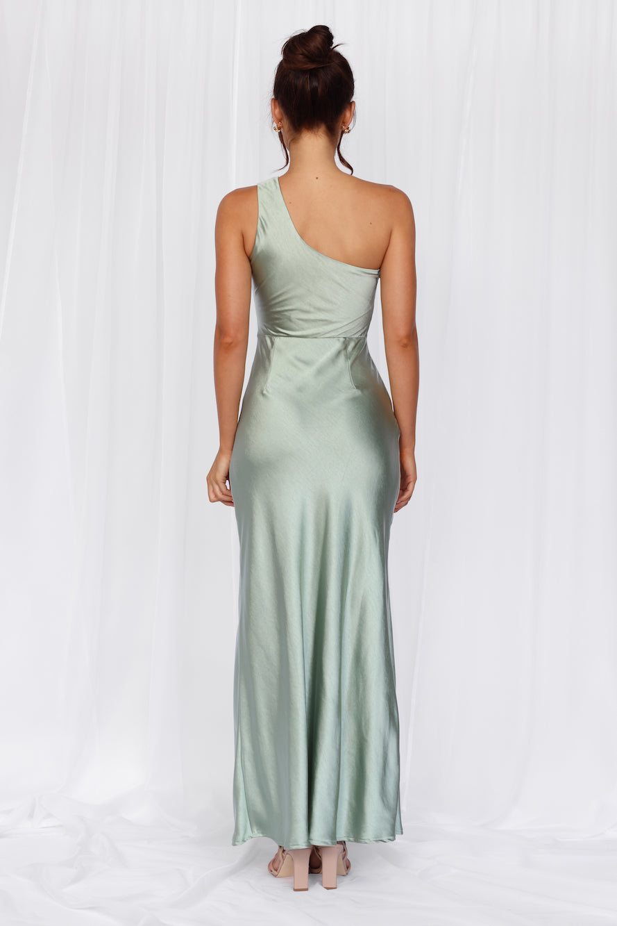 HELLO MOLLY The Aurora One Shoulder Satin Maxi Dress Sage