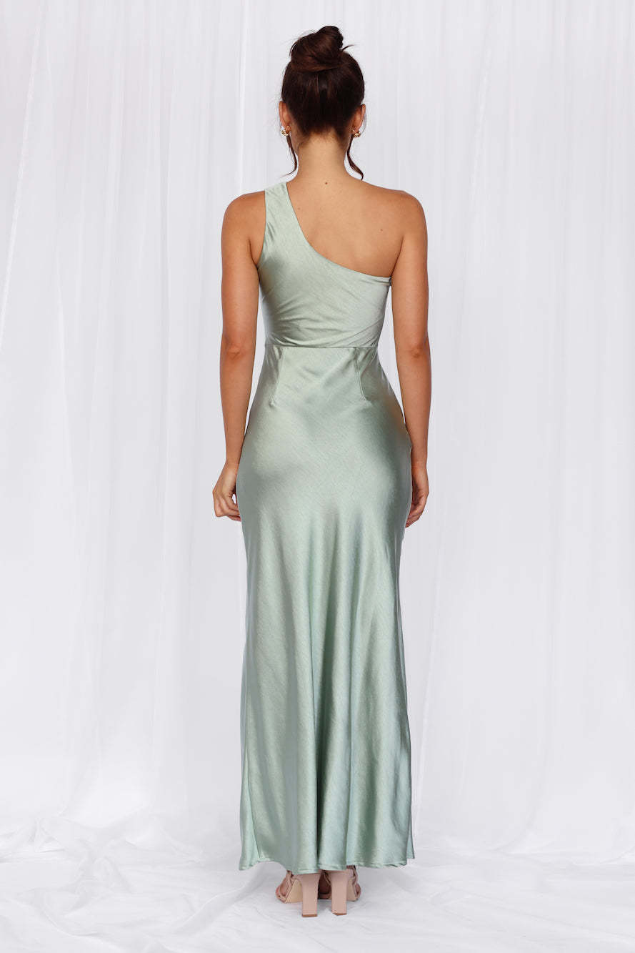 HELLO MOLLY The Aurora One Shoulder Satin Maxi Dress Sage