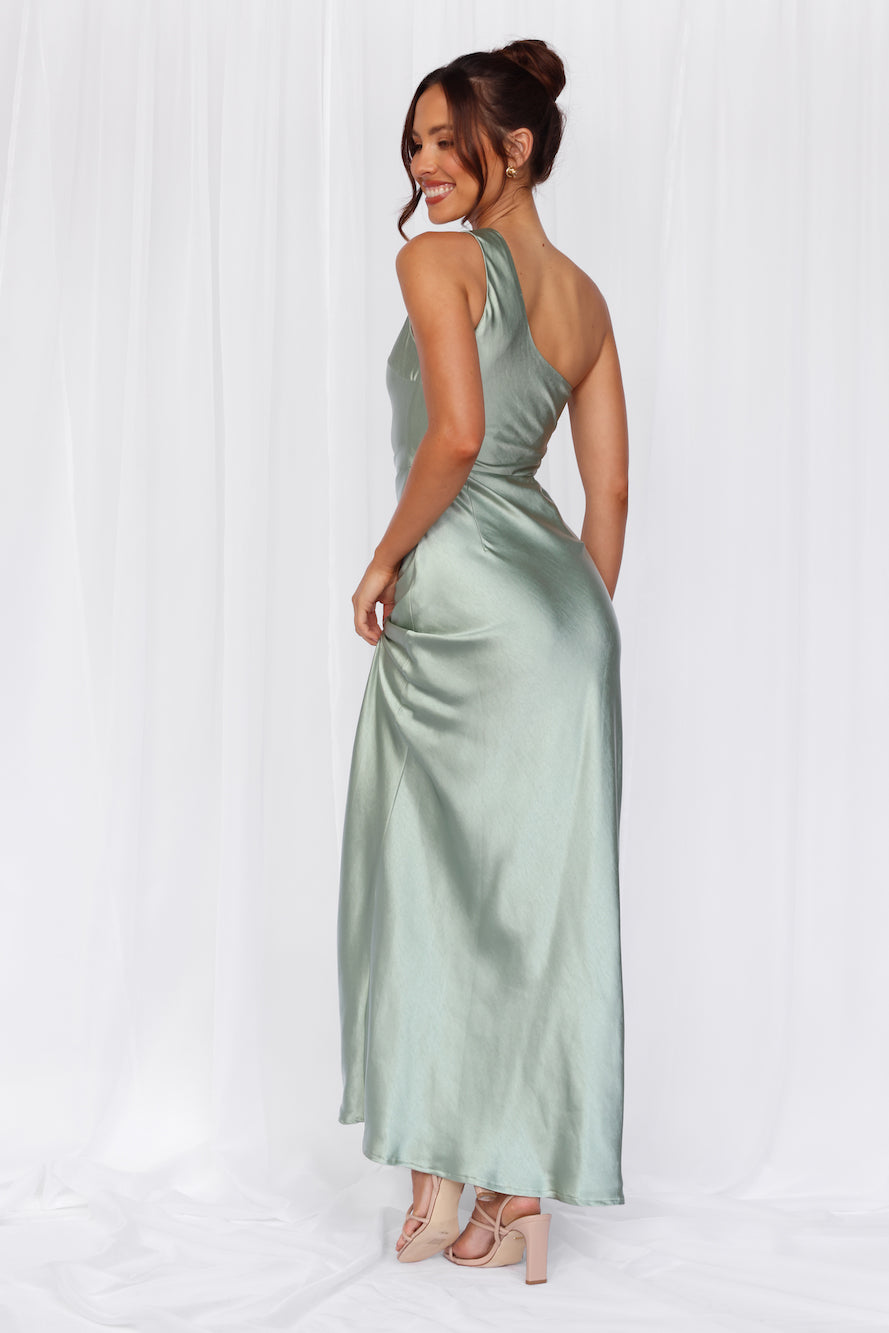HELLO MOLLY The Aurora One Shoulder Satin Maxi Dress Sage