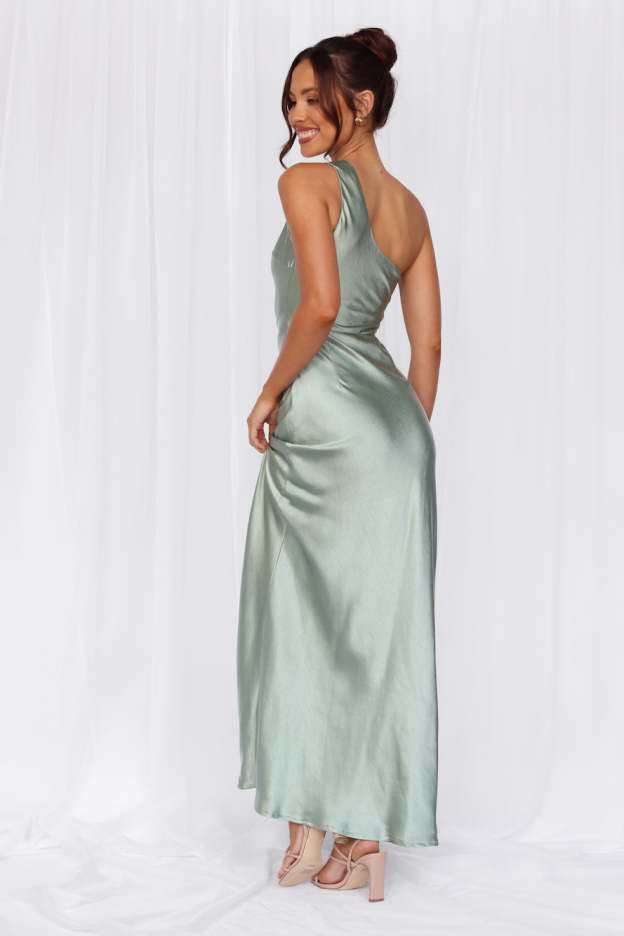 HELLO MOLLY The Aurora One Shoulder Satin Maxi Dress Sage