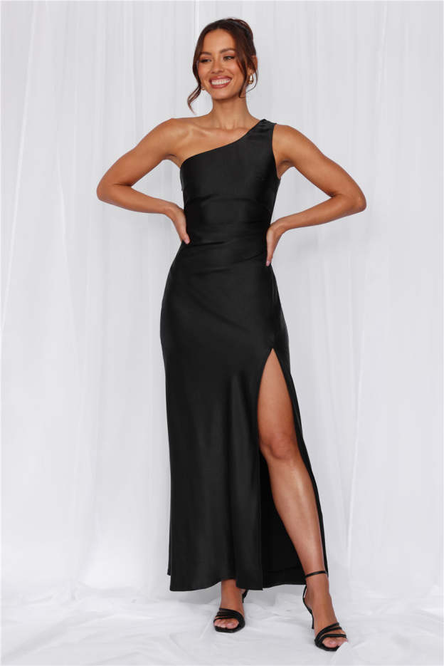 HELLO MOLLY The Aurora One Shoulder Satin Maxi Dress Black
