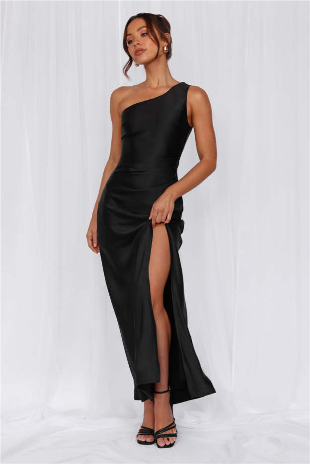 HELLO MOLLY The Aurora One Shoulder Satin Maxi Dress Black