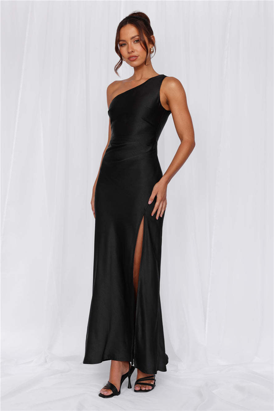 HELLO MOLLY The Aurora One Shoulder Satin Maxi Dress Black