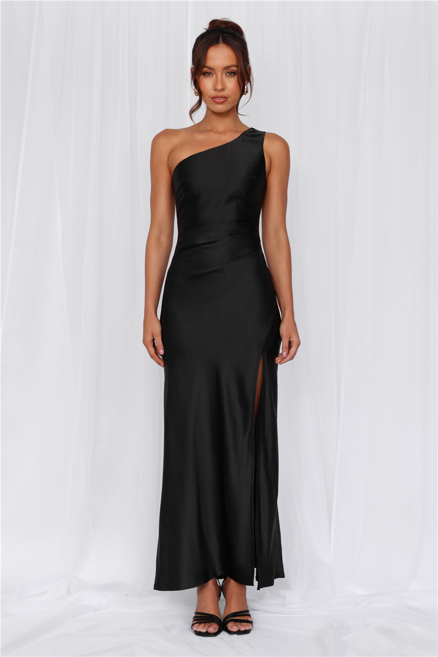 HELLO MOLLY The Aurora One Shoulder Satin Maxi Dress Black