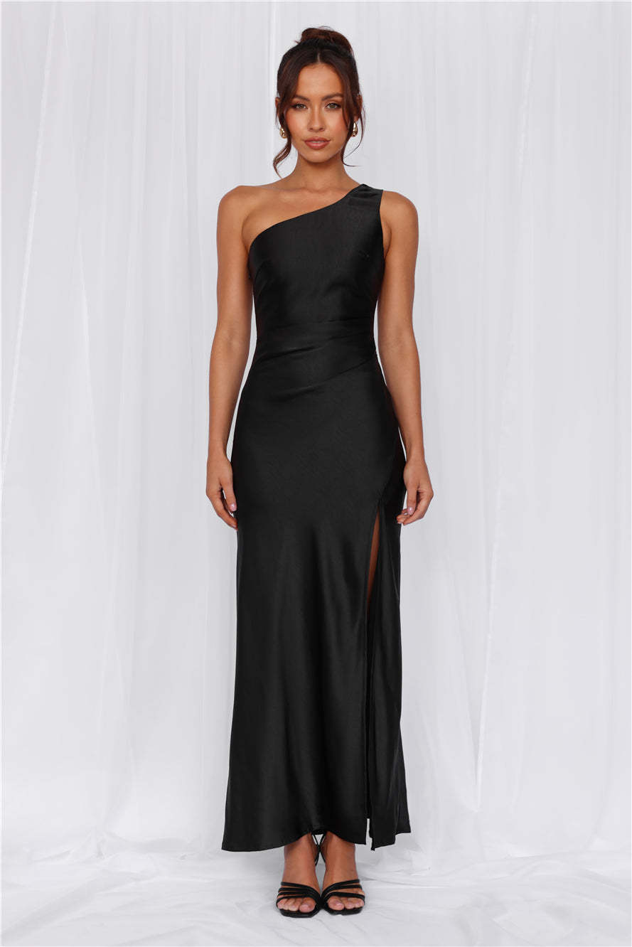 HELLO MOLLY The Aurora One Shoulder Satin Maxi Dress Black