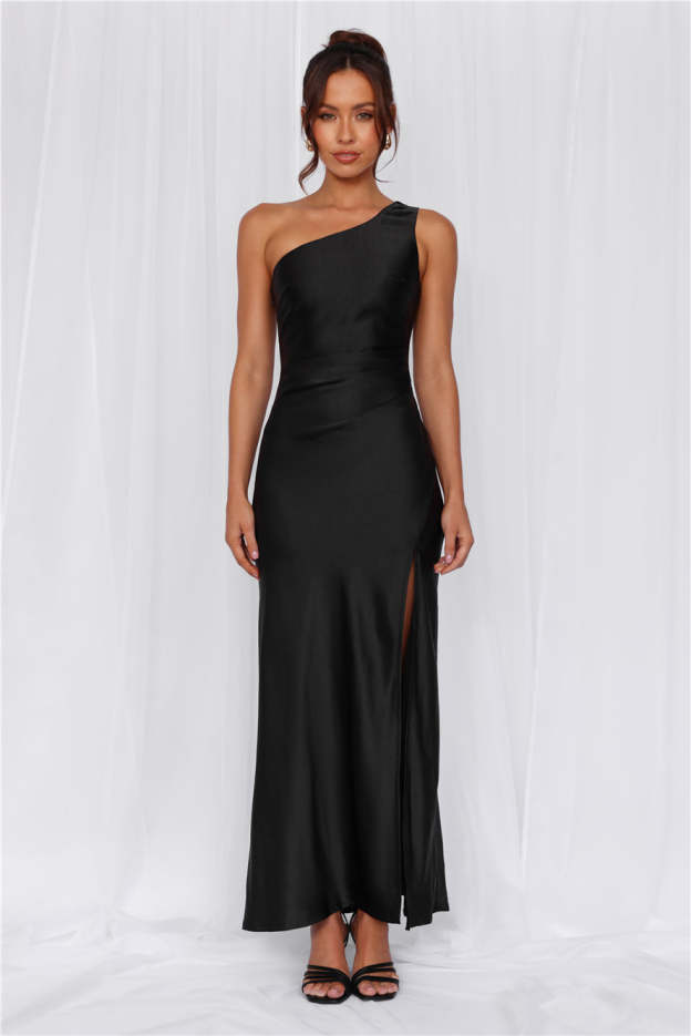 HELLO MOLLY The Aurora One Shoulder Satin Maxi Dress Black