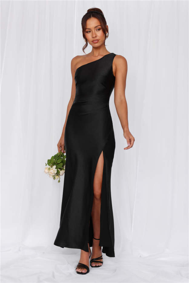 HELLO MOLLY The Aurora One Shoulder Satin Maxi Dress Black