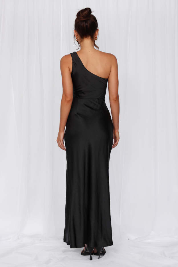HELLO MOLLY The Aurora One Shoulder Satin Maxi Dress Black