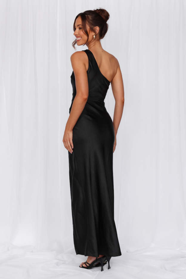 HELLO MOLLY The Aurora One Shoulder Satin Maxi Dress Black