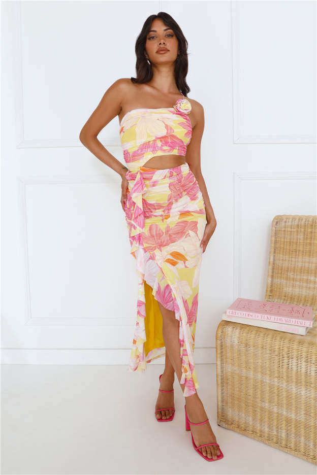 Another Lover One Shoulder Mesh Maxi Dress Yellow