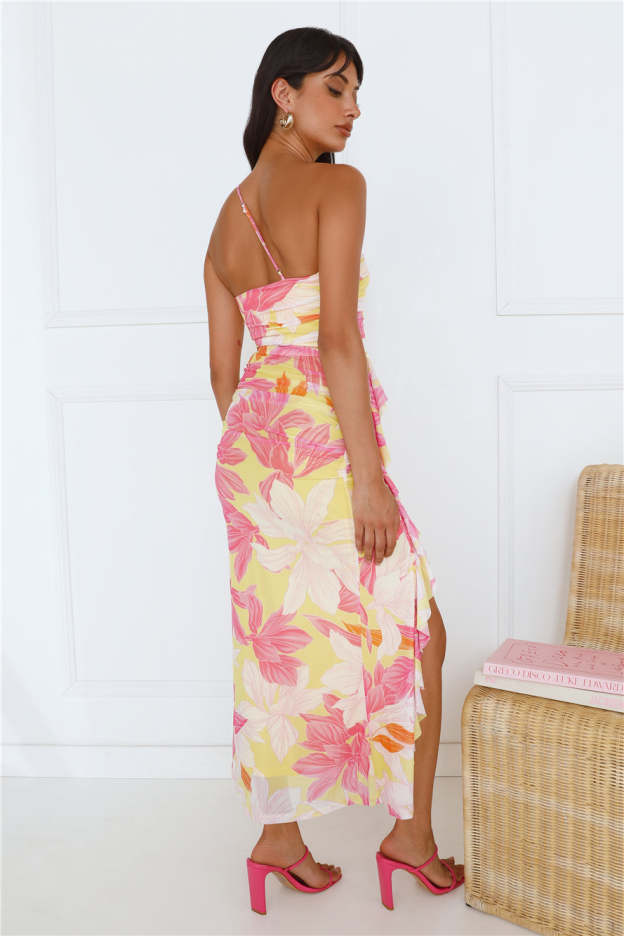 Another Lover One Shoulder Mesh Maxi Dress Yellow