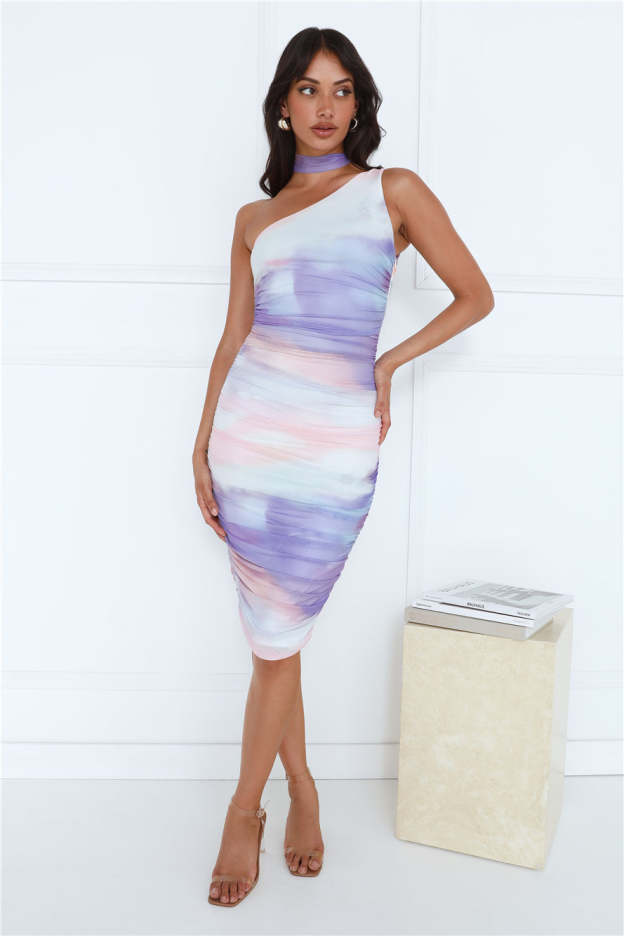 Clubbing Night One Shoulder Mesh Midi Dress Purple