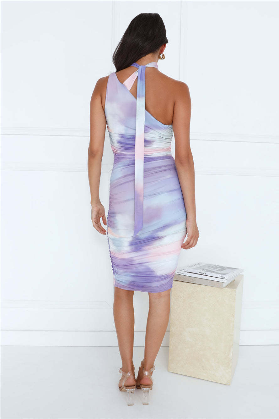Clubbing Night One Shoulder Mesh Midi Dress Purple