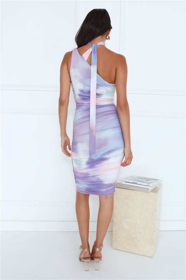 Clubbing Night One Shoulder Mesh Midi Dress Purple