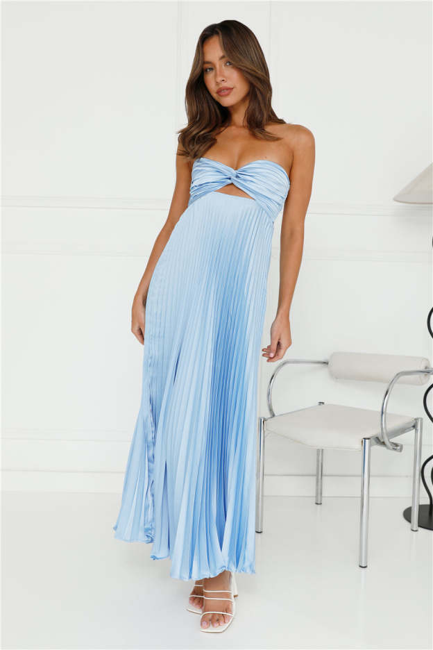 Clouds Of Love Strapless Pleated Maxi Dress Blue