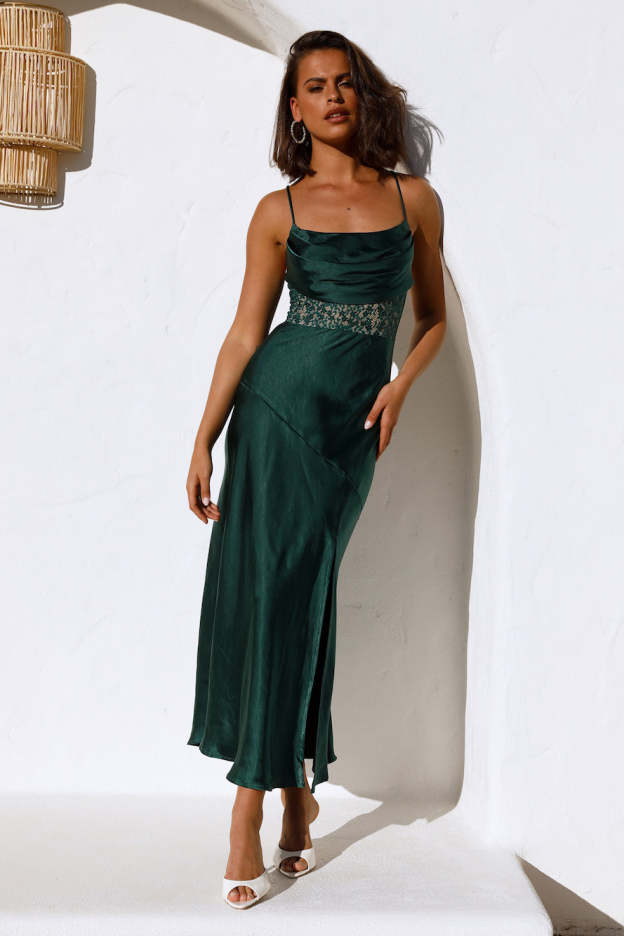 Sipping Waterfalls Satin Midi Dress Green